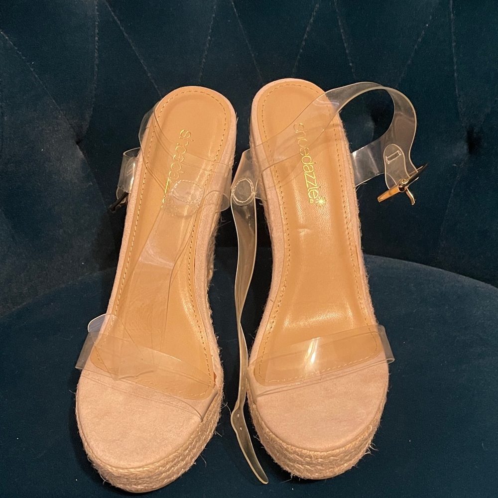 Shoe Dazzle Transparent Strap Tan Wedges